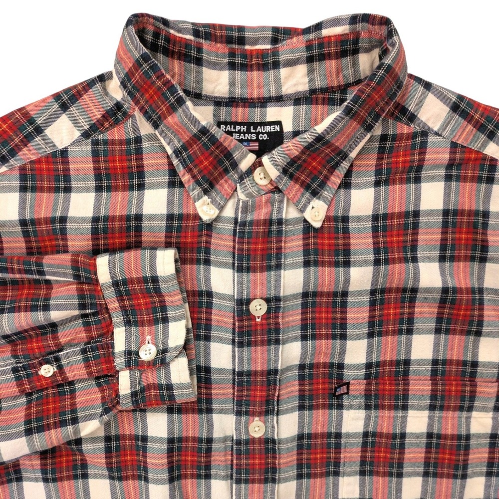 Vintage Ralph Lauren Jeans Co Flannel Shirt Men's XL Red Green Plaid Tartan 90s